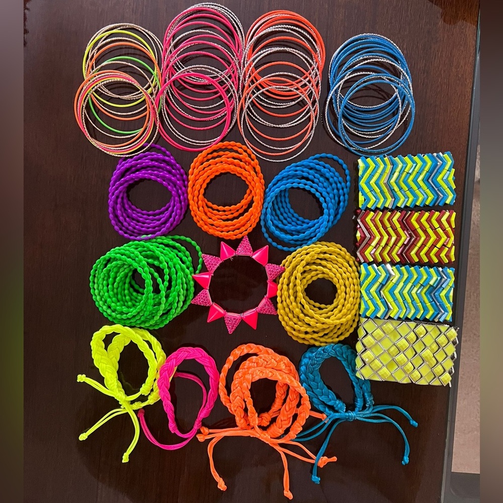 LOT Neon Rainbow Jewelry Bangles, Friendship, Spike & Elastic Bracelets LOT
